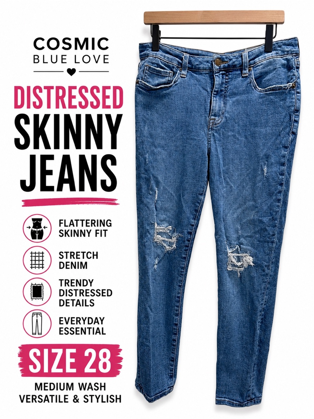 Cosmic Blue Love Distressed Skinny Jeans Women’s Size 28 Medium Wash Denim - Picture 1 of 9